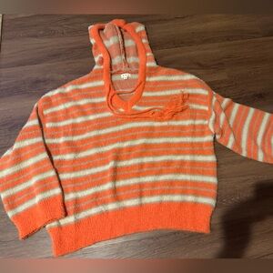 POL Fuzzy Oversized Striped Orange and Cream Hooded Sweater
